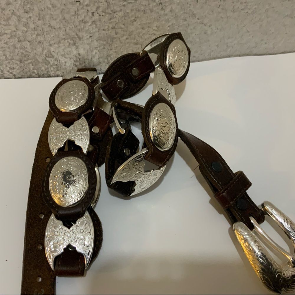 Vintage Tony Lama Western USA Brown Leather Silver Conchos Belt Women's Size 36 - Picture 3 of 7